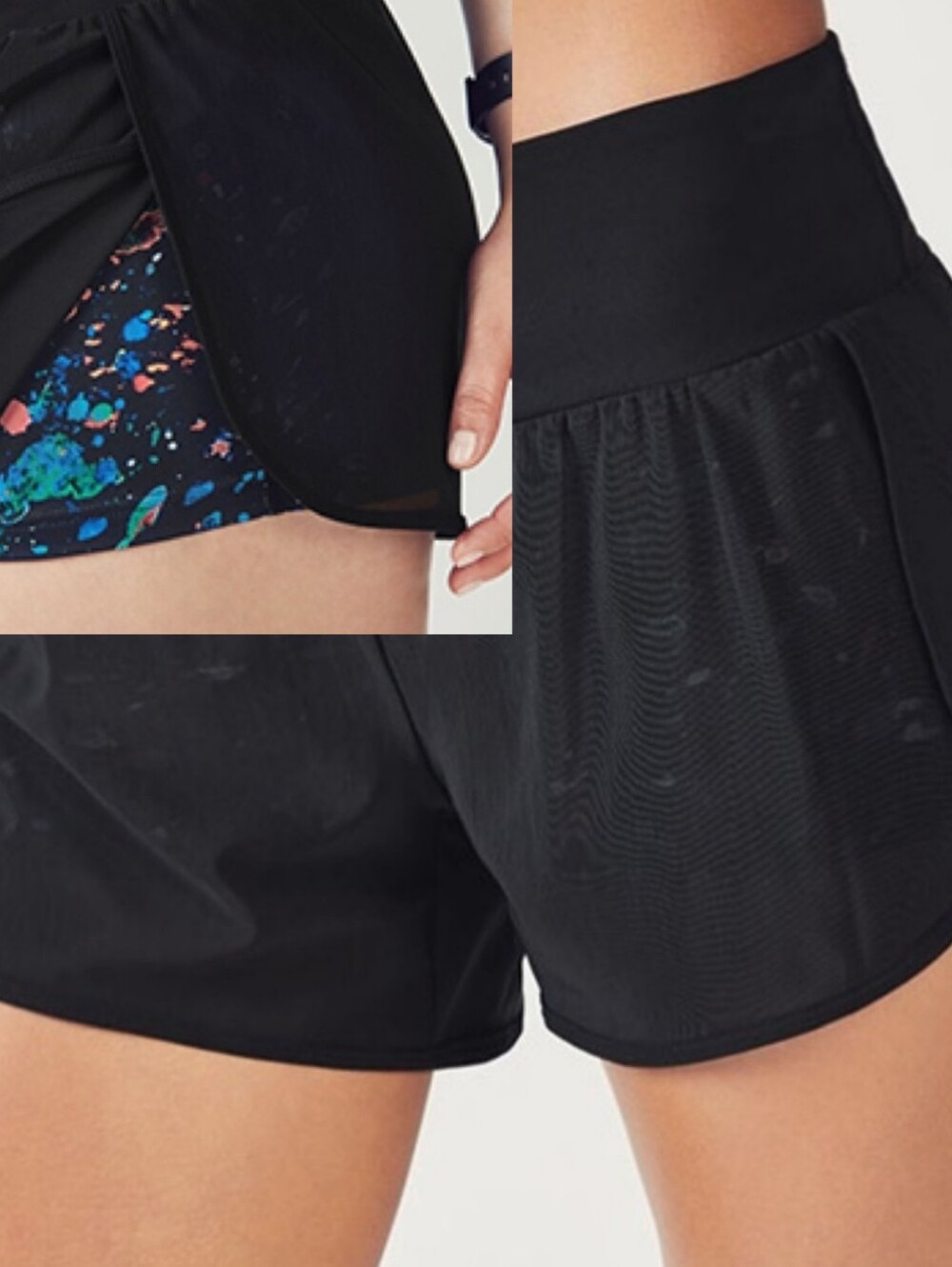 Fabletics Renata Shorts Black Mesh Overlay On Multicolor Shorts